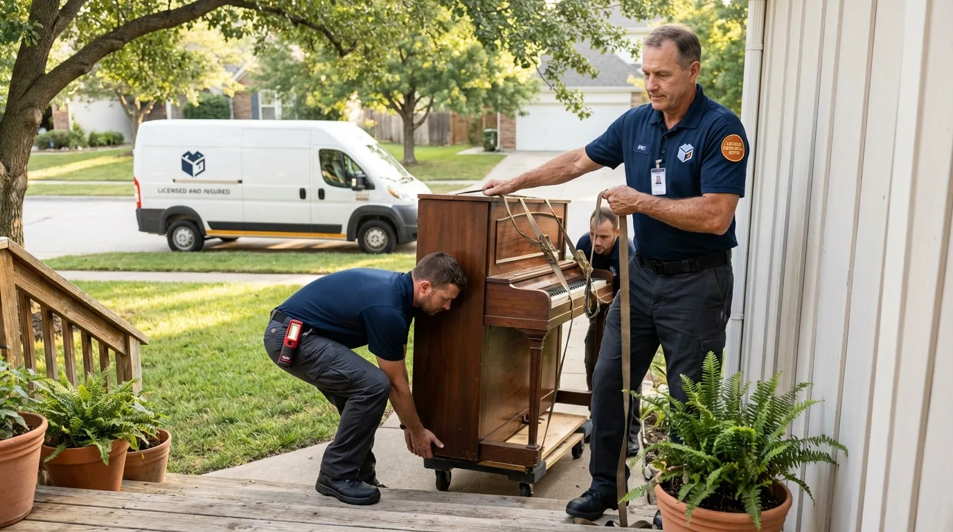 Licensed piano movers securing grand piano in Greencastle, IN