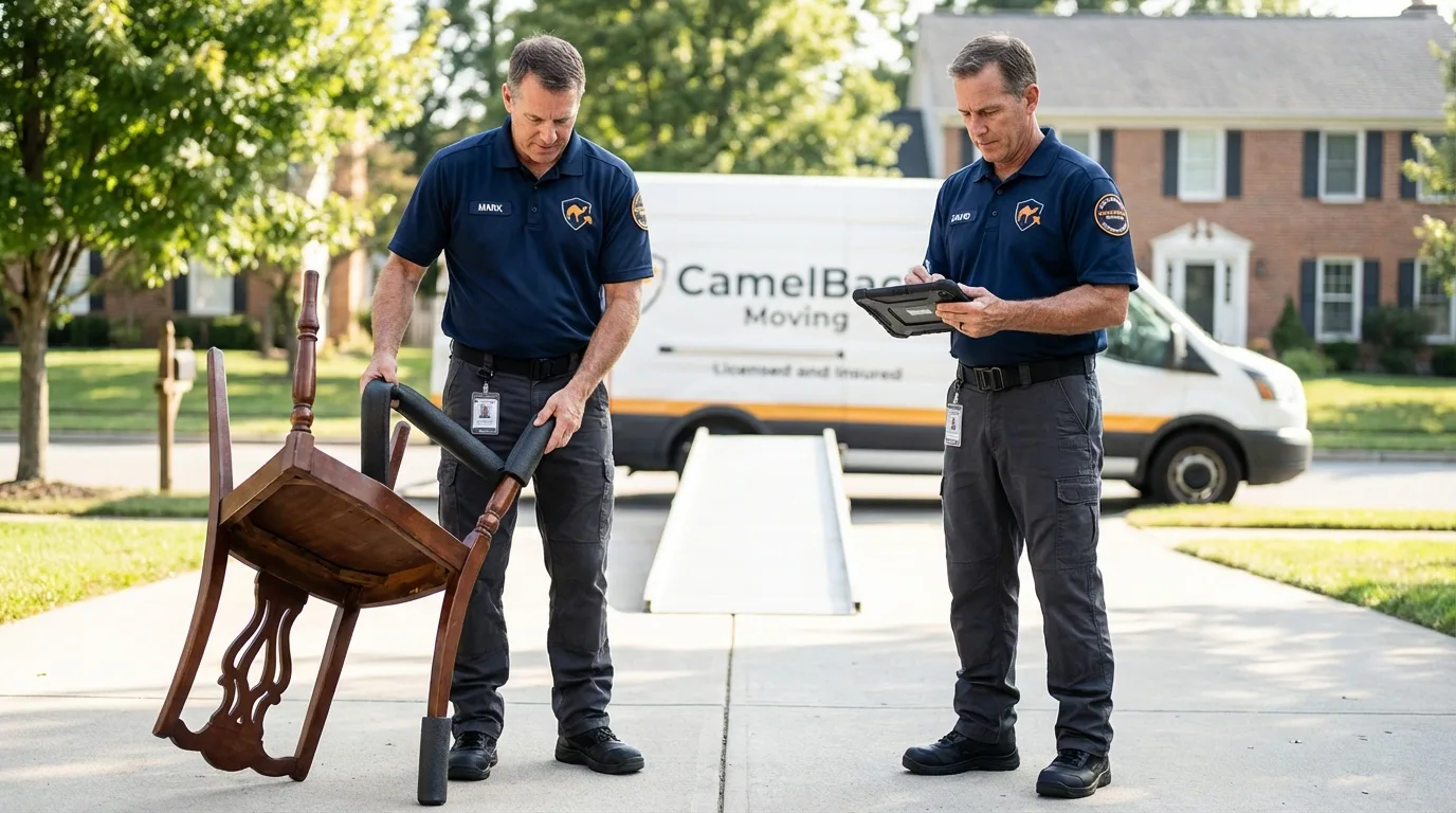 Movers inspecting furniture for damage prevention before loading in Greencastle, IN