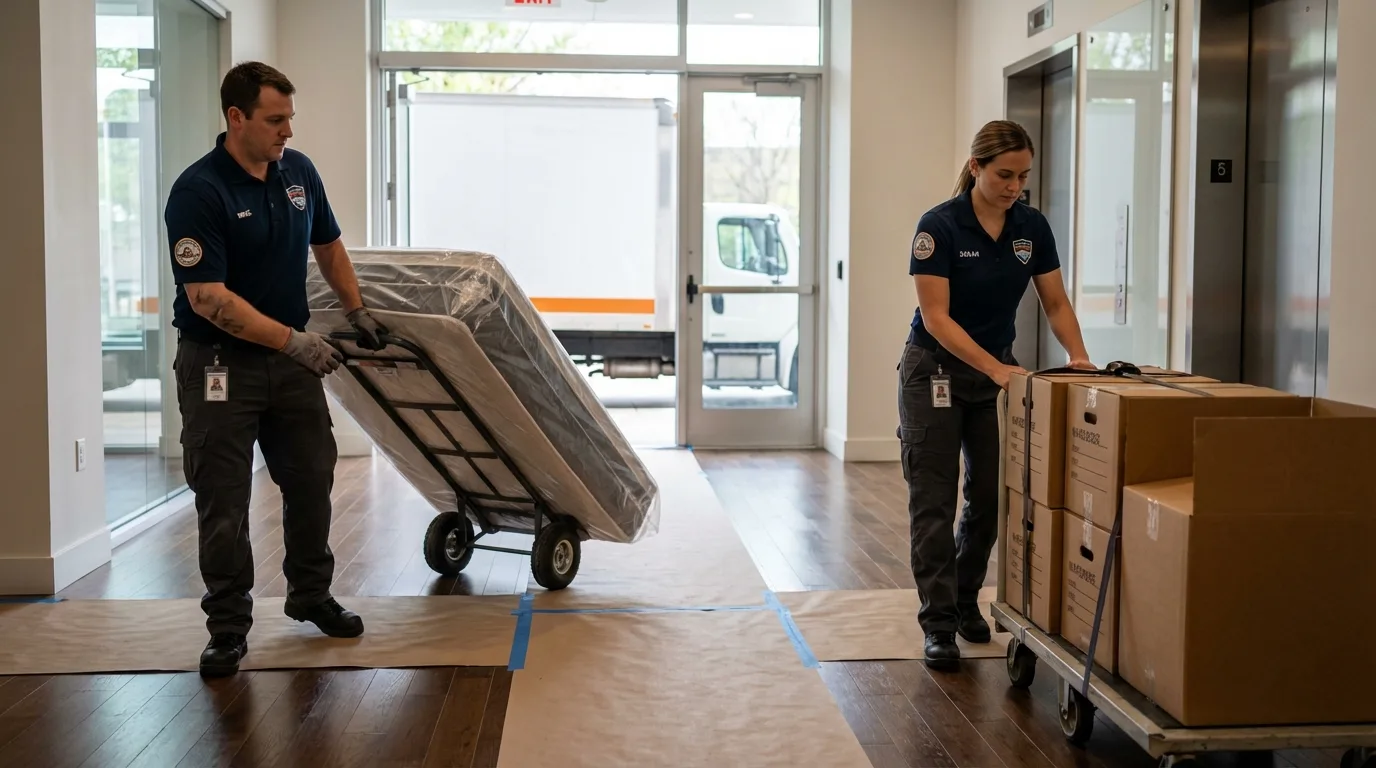 Professional apartment movers loading elevator in Greencastle, IN