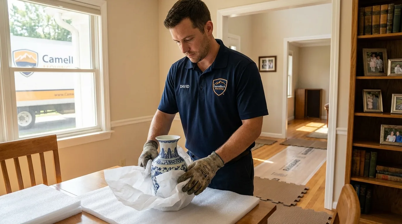 Professional crew carefully wrapping antique vase for senior downsizing move in Greencastle, IN